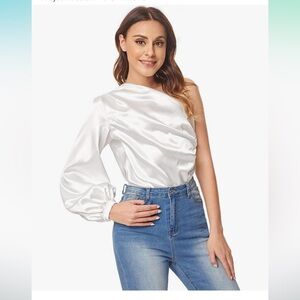 Elegant White Satin One-Shoulder Top